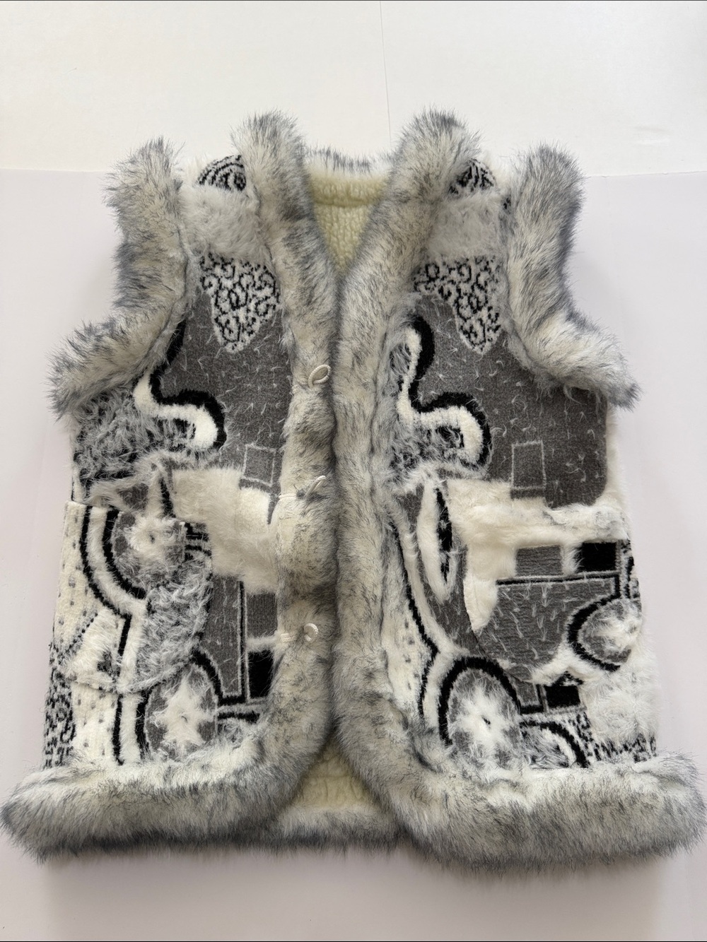 Handmade Women’s Fur Trim Gray & White Patterned Sheep Wool Vest